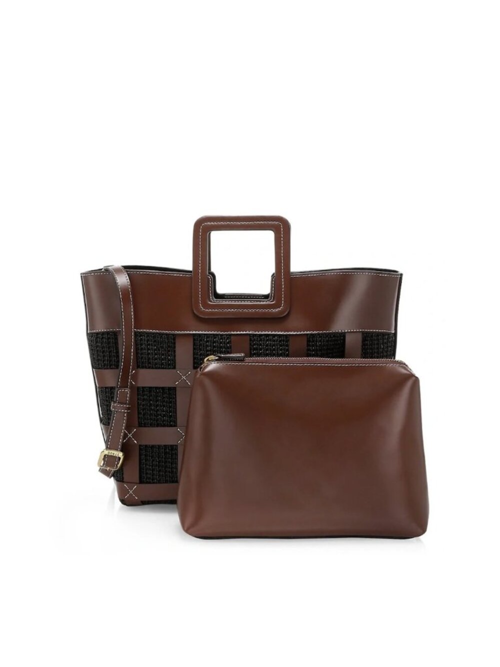 STAUD Shirley Raffia & Leather Tote Bag in Black and Brown with contrast stitchi